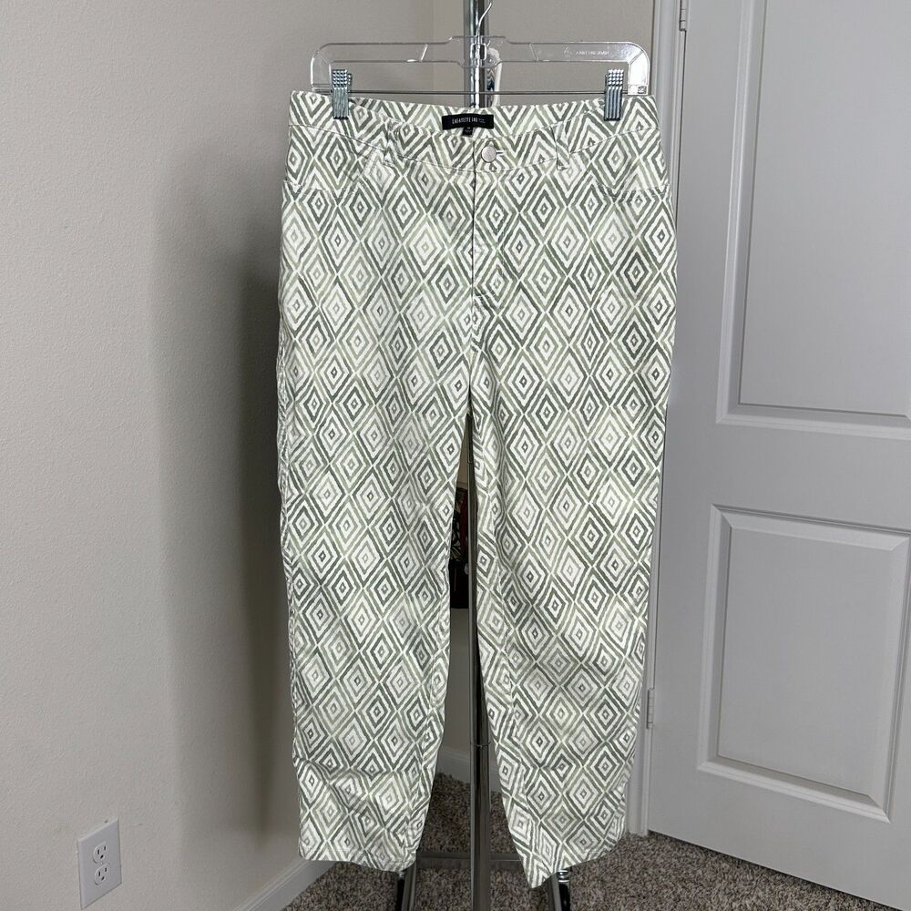 Lafayette 148 New York Pants Size 10 Green White Diamond Geometric Crop Slim